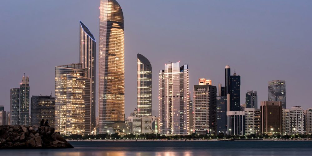 June 23, 2018: Abu Dhabi Seascape with skyscrapers in the background at evening, UAE