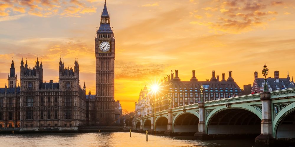 Big Ben and Westminster Bridge at sunset, London, UK