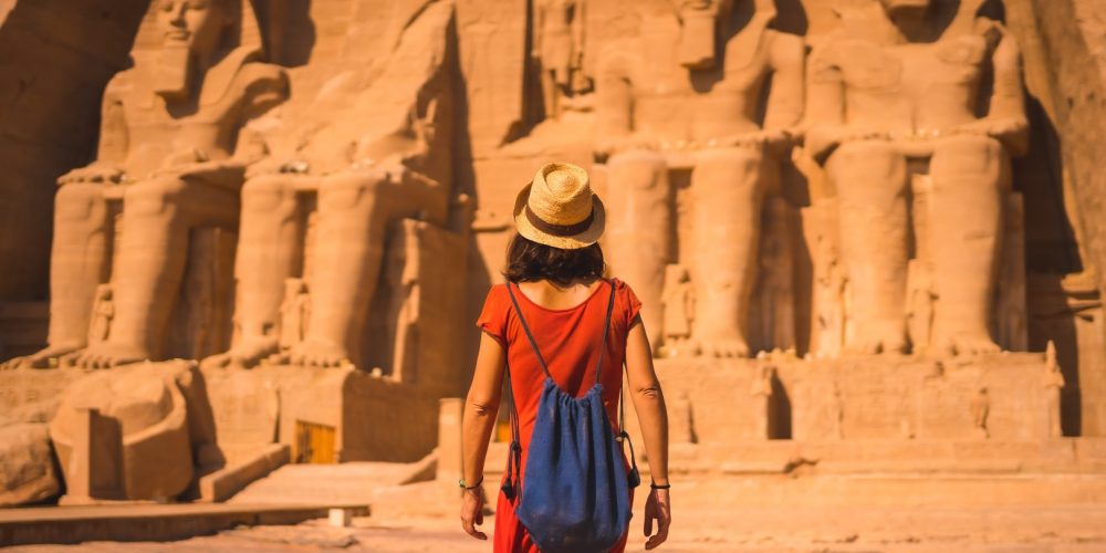 A female in Abu Simbel Temple in southern Egypt next to Lake Nasser